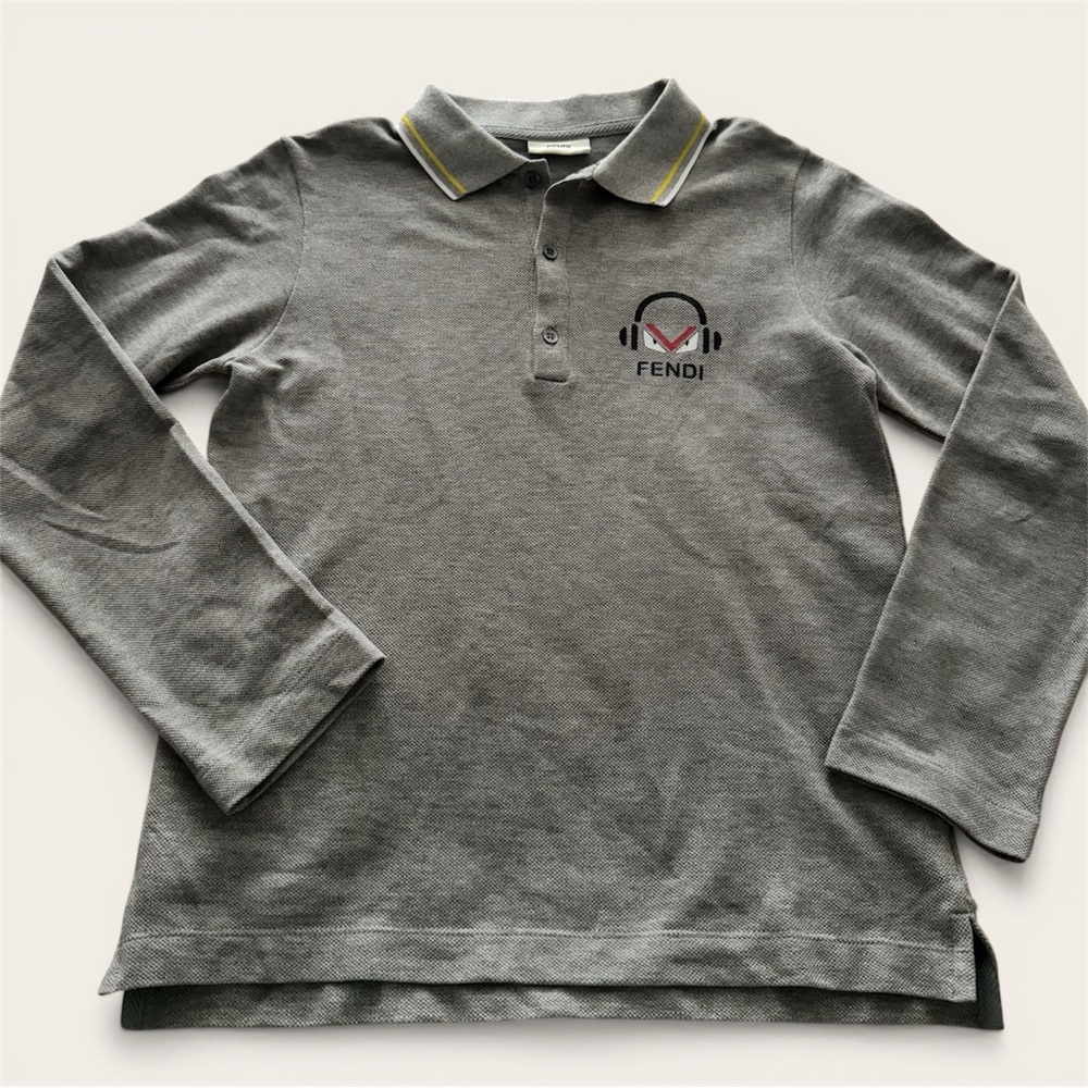Fendi Kids Gray Long Sleeve Polo with Logo and Yellow-Trim Collar, 10A